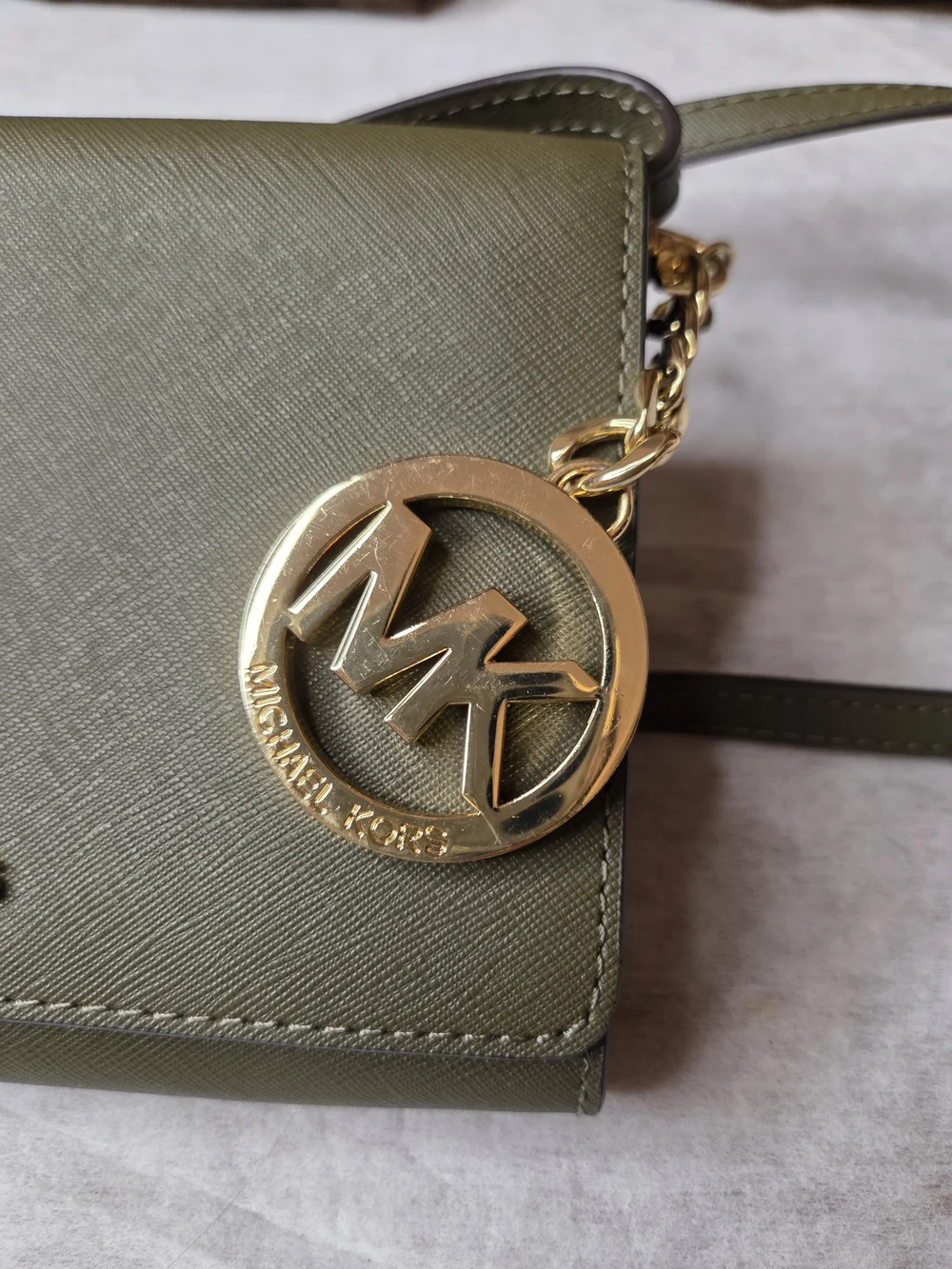 Michael Kors Olive Green Crossbody Wallet with Gold MK Charm